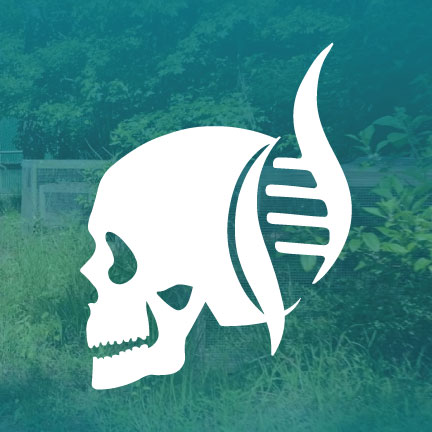 Image: Background of a fence and foliage with a teal transparency and the STAFS logo on top. STAFS logo is a combination of a human skull and a DNA spiral.
