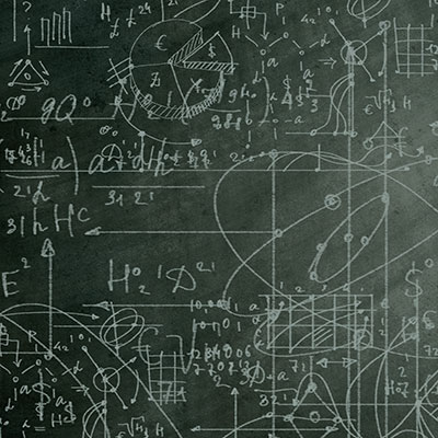 Image: Green chalkboard background covered in a mess of complicated mathematical equations, formulas and illustrations.