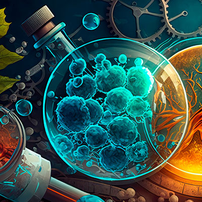Image: Illustration of two spherical glass containers filled with large molecules and plant roots, set against a background of leaves, gears, and metal tools.