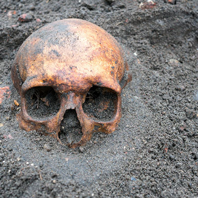 Image: Human skull half buried in red clay and soil.
